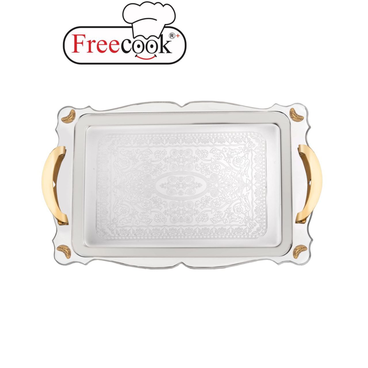 سینی مستطیل پایه دار فری کوک دسته طلایی کوچک(دور دالبر)