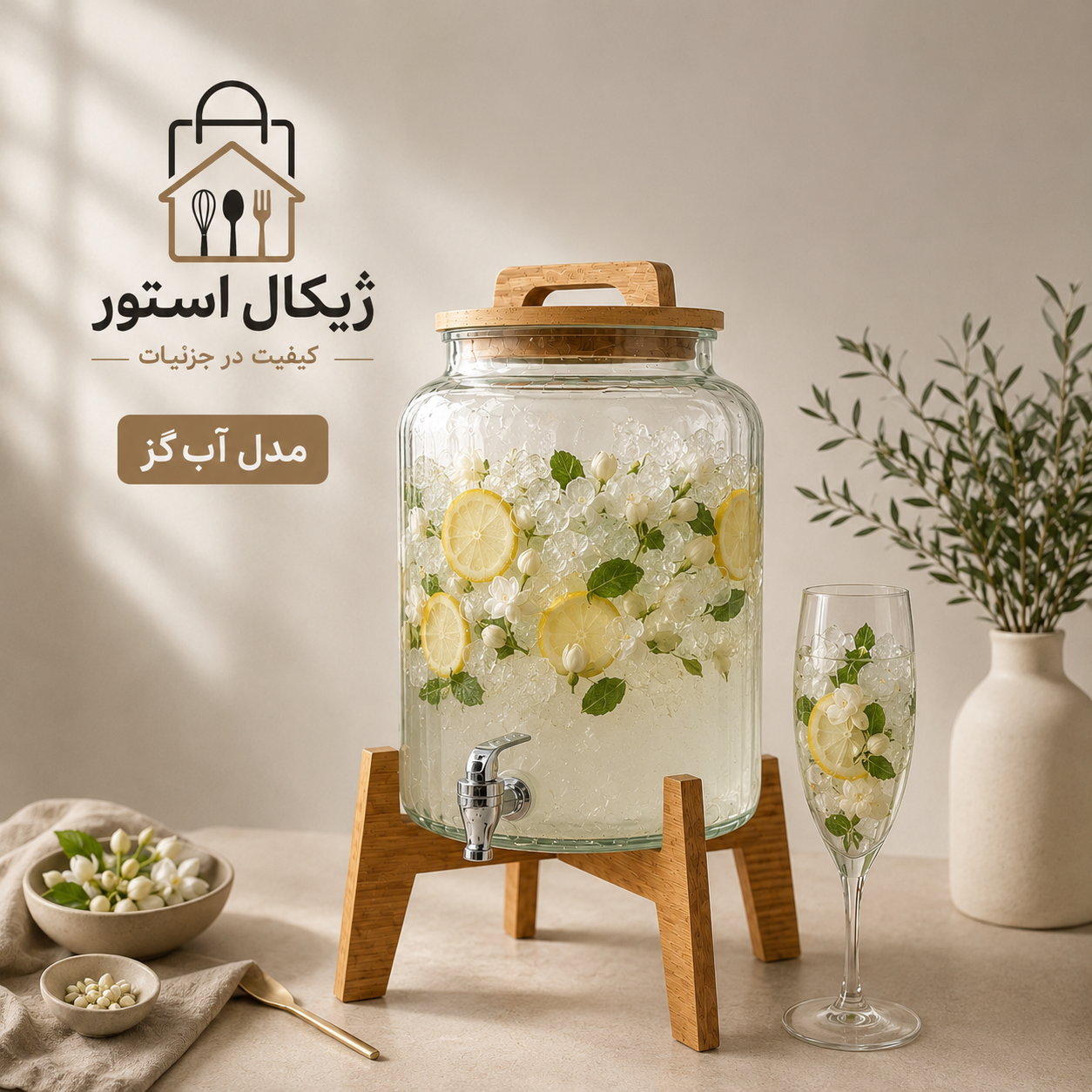 کلمن بلور(شربت خوری )پایه چوب مدل آب گز