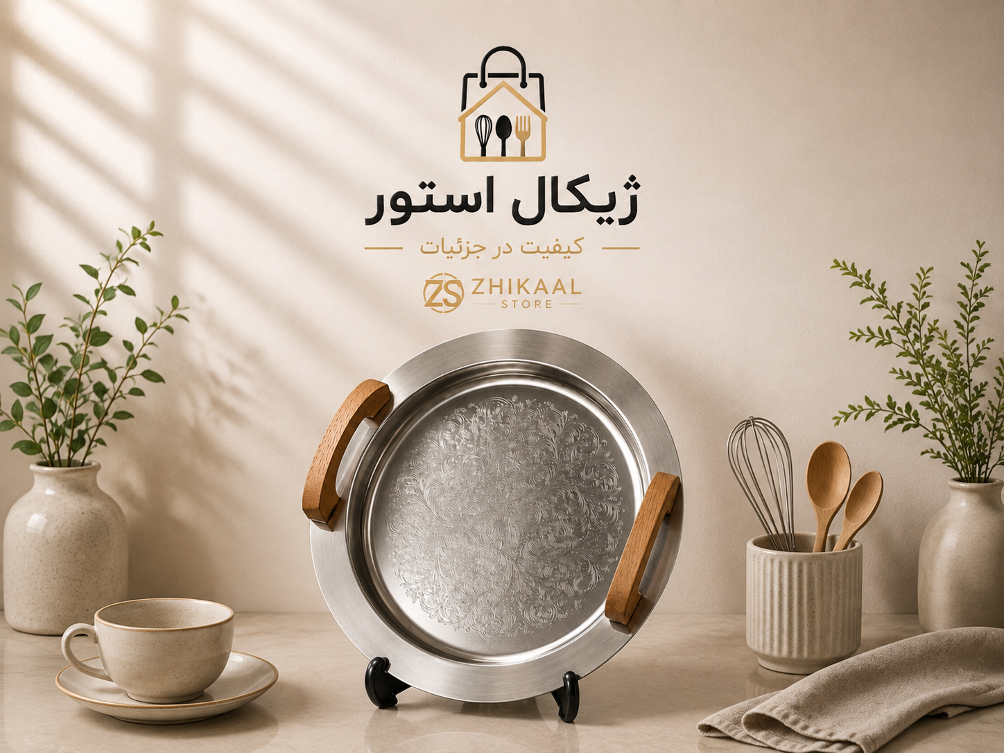 سینی استیل گرد دسته چوب