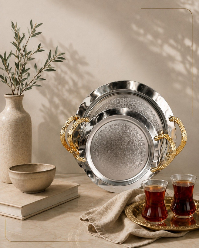 سینی گرد جفتی دسته طلایی (دسته پوست ماری)