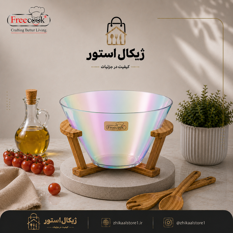 کاسه سالاد مخروطی پایه چوب (طرح هفت رنگ)