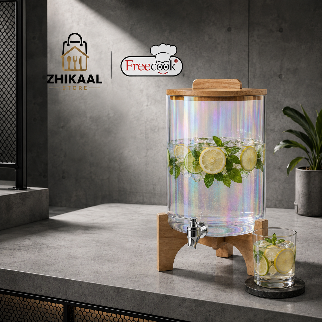 کلمن شیشه ای استوانه  پایه چوب (مدل هفت رنگ)